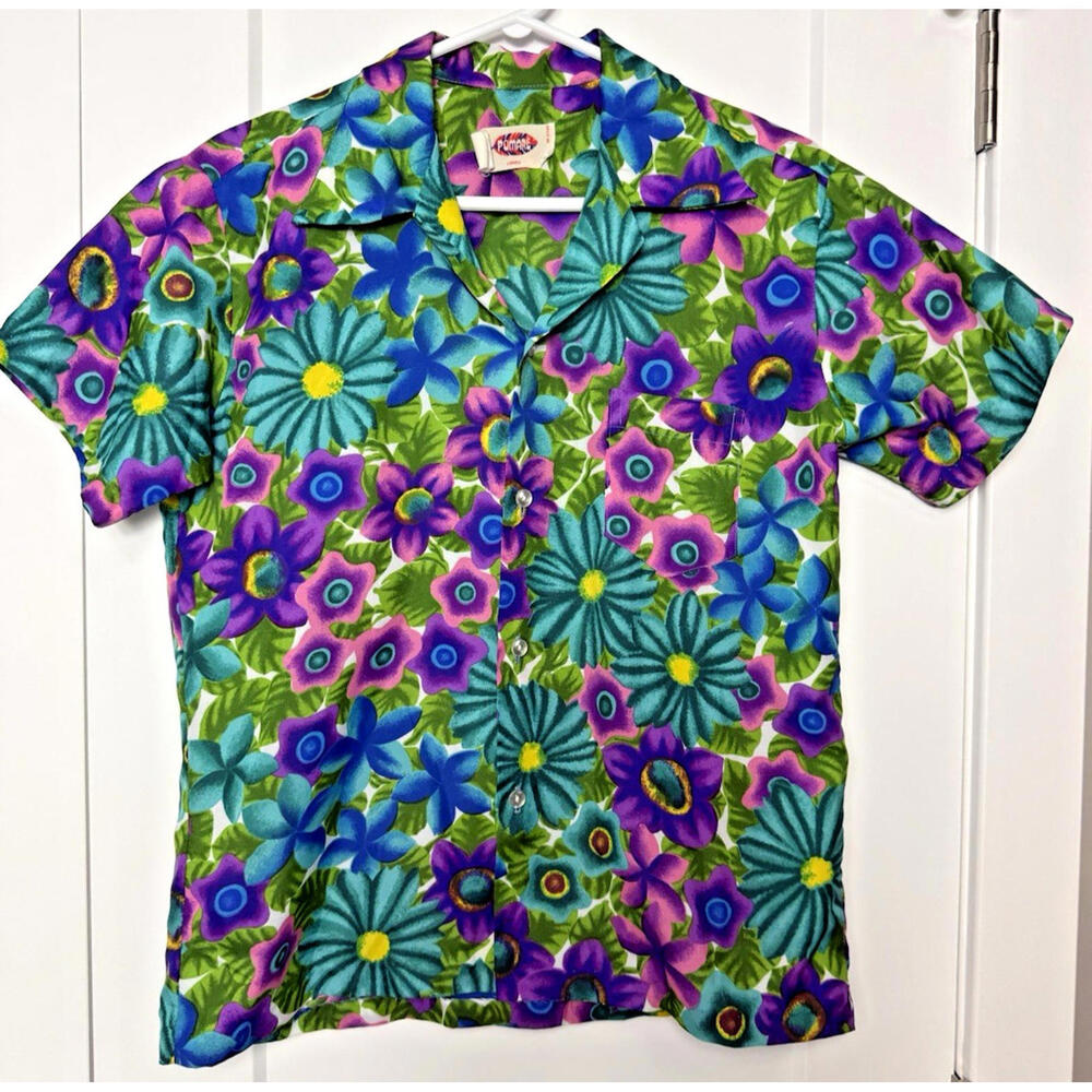 Vtg 60s 70s Pomare Blue Floral Tahiti Hawaii Button Up Shirt Vacation Cruise